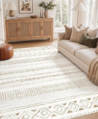 cotiled Boho 5x7 Area Rugs for Living Room: Soft Moroccan Washable Rug | Solve Modern Neutral Trendy Home Decor - Stain Resistan Carpet for Bedroom Farmhouse Dining Room Brown Cream