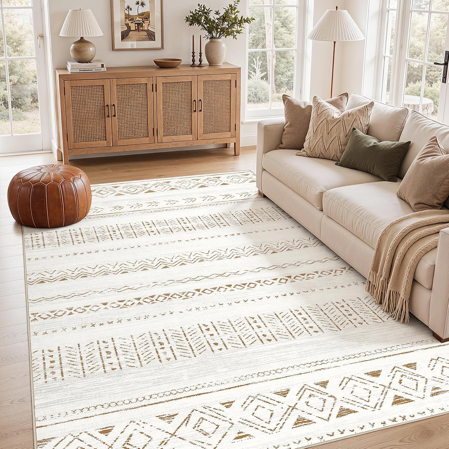 cotiled Boho 5x7 Area Rugs for Living Room: Soft Moroccan Washable Rug | Solve Modern Neutral Trendy Home Decor - Stain Resistan Carpet for Bedroom Farmhouse Dining Room Brown Cream