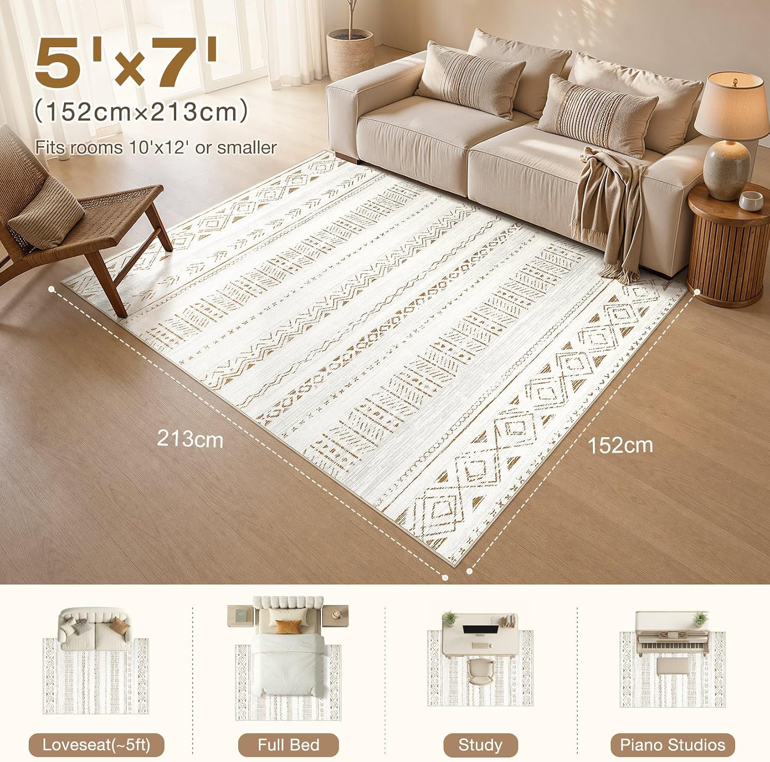 cotiled Boho 5x7 Area Rugs for Living Room: Soft Moroccan Washable Rug | Solve Modern Neutral Trendy Home Decor - Stain Resistan Carpet for Bedroom Farmhouse Dining Room Brown Cream - Image 2