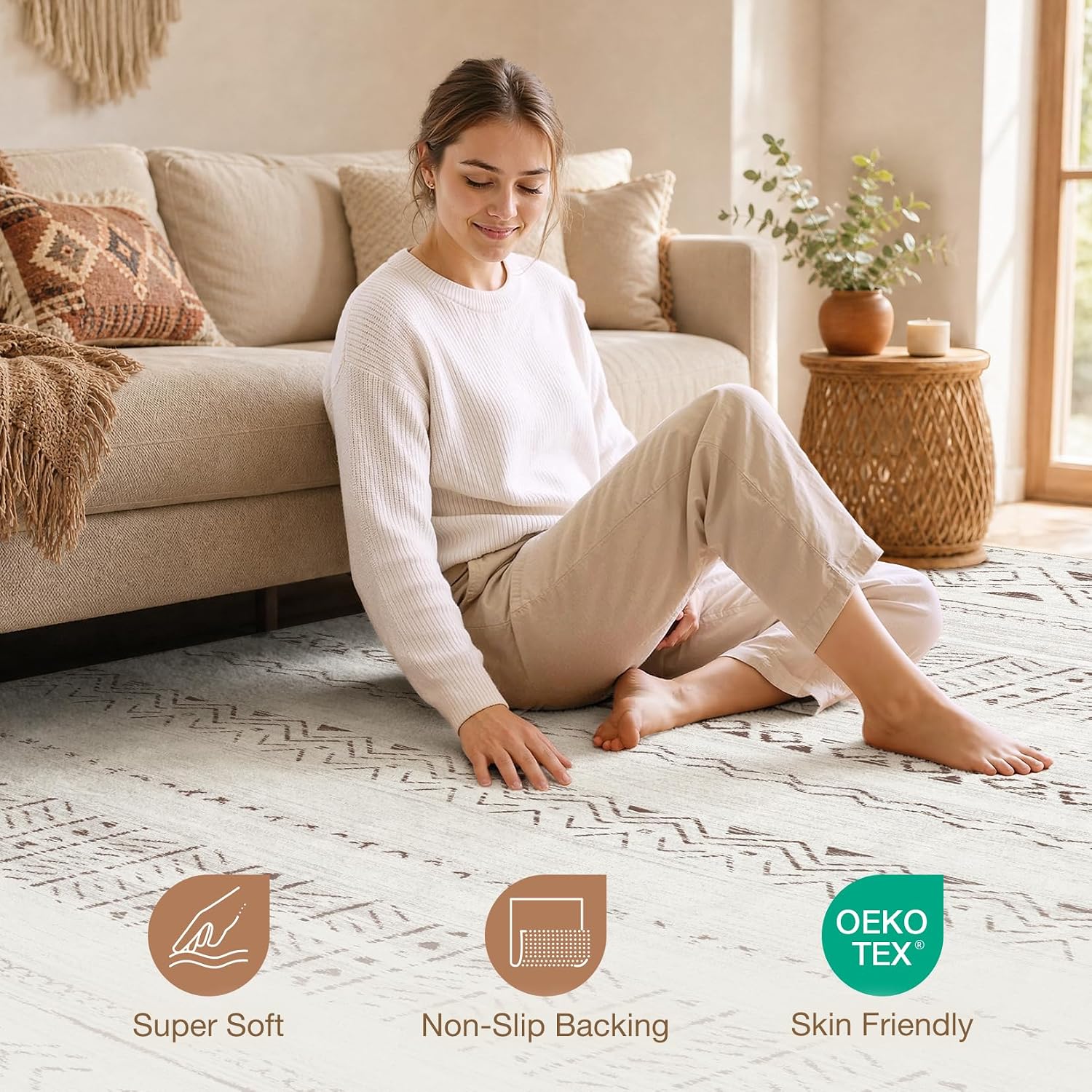 cotiled Boho 5x7 Area Rugs for Living Room: Soft Moroccan Washable Rug | Solve Modern Neutral Trendy Home Decor - Stain Resistan Carpet for Bedroom Farmhouse Dining Room Brown Cream - Image 4