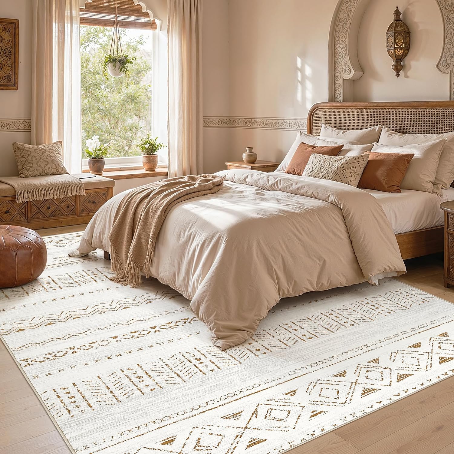 cotiled Boho 5x7 Area Rugs for Living Room: Soft Moroccan Washable Rug | Solve Modern Neutral Trendy Home Decor - Stain Resistan Carpet for Bedroom Farmhouse Dining Room Brown Cream - Image 6