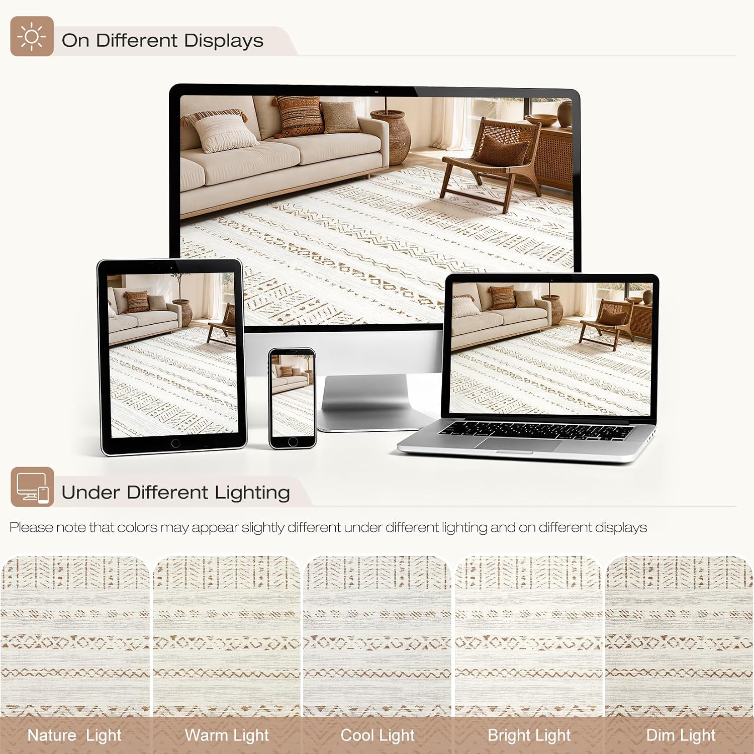 cotiled Boho 5x7 Area Rugs for Living Room: Soft Moroccan Washable Rug | Solve Modern Neutral Trendy Home Decor - Stain Resistan Carpet for Bedroom Farmhouse Dining Room Brown Cream - Image 8
