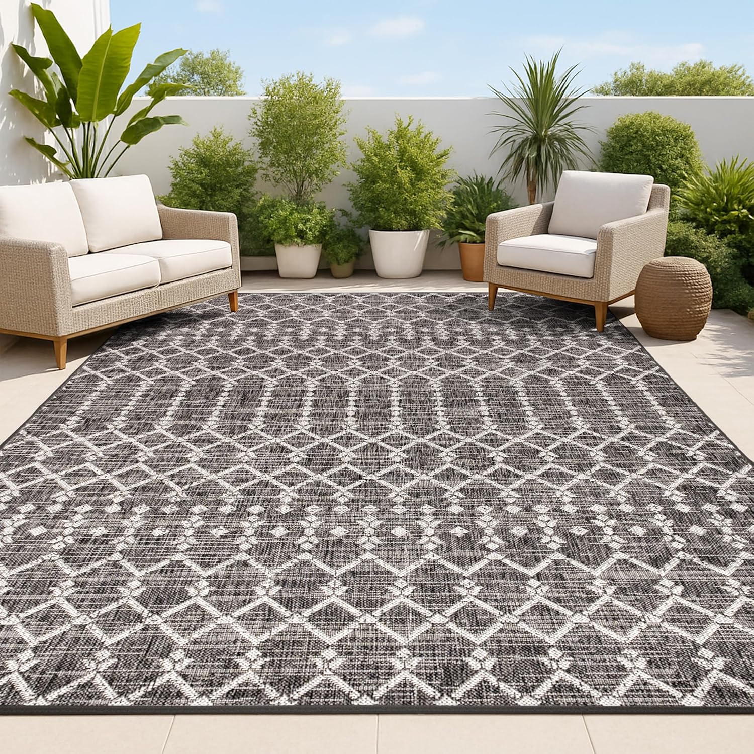 JONATHAN Y Moroccan Geometric Indoor Outdoor Area Rug 8X10 Black/Gray, Ourika Textured Weave for Backyard, Patio, Porch, Easy-Cleaning, High Traffic, Pet-Friendly, Non-Shedding (SMB108F-8)