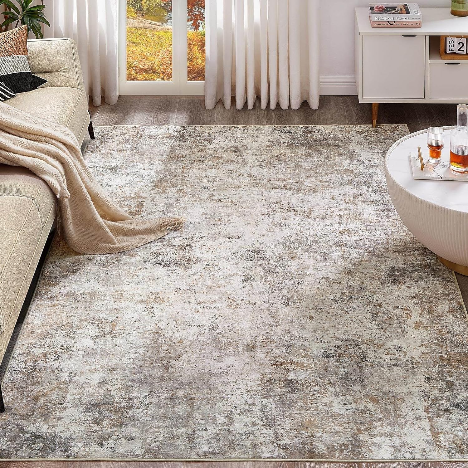 UERMEI 8x10 Area Rug Living Room Rugs - Washable Neutral Modern Abstract Soft Thin Large Rug Indoor Floor No Slip Rug Carpet for Bedroom Under Dining Table Home Office Decor - Brown Grey