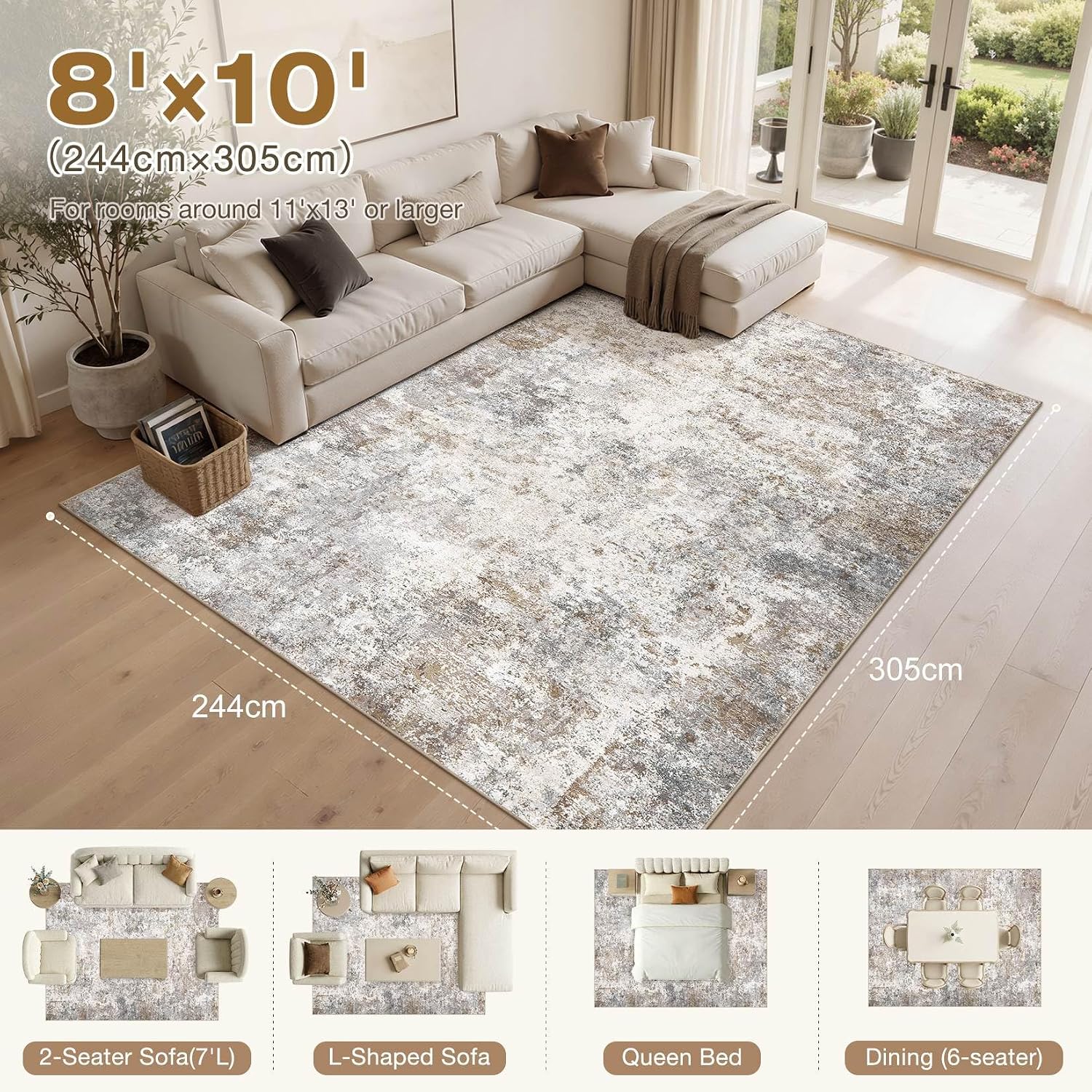 UERMEI 8x10 Area Rug Living Room Rugs - Washable Neutral Modern Abstract Soft Thin Large Rug Indoor Floor No Slip Rug Carpet for Bedroom Under Dining Table Home Office Decor - Brown Grey - Image 2