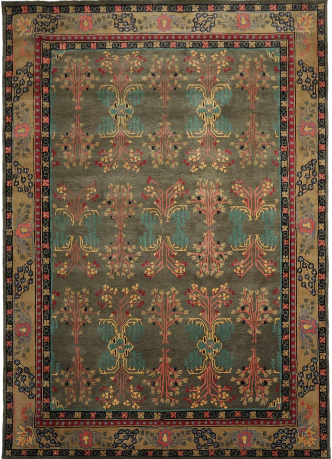 9x12 Hand Tufted Hand Made 100% Wool Donegal Branches Arts & Crafts Oriental Area Rug Gray with Green Undertone,Moss Color