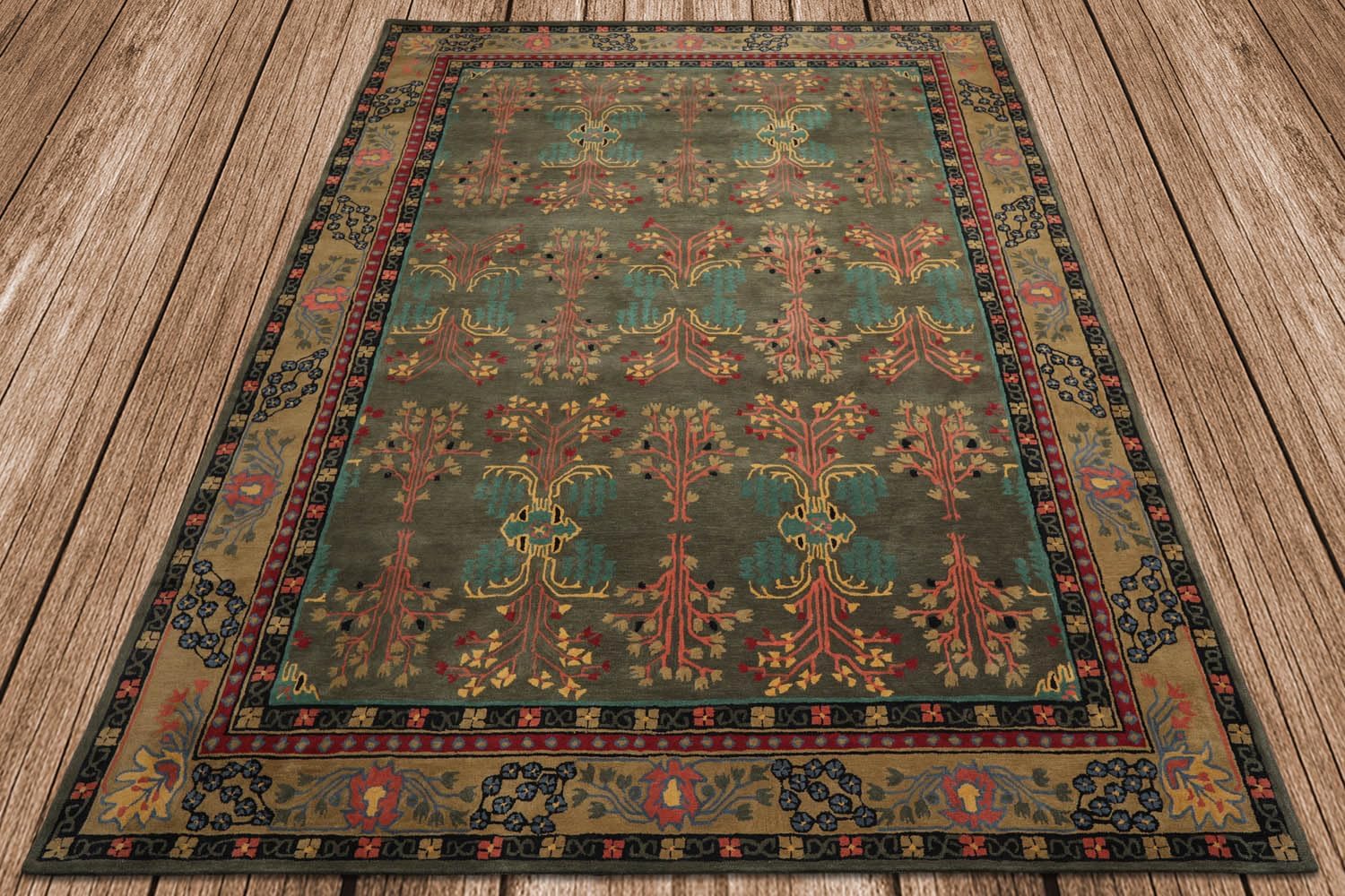 9x12 Hand Tufted Hand Made 100% Wool Donegal Branches Arts & Crafts Oriental Area Rug Gray with Green Undertone,Moss Color - Image 2