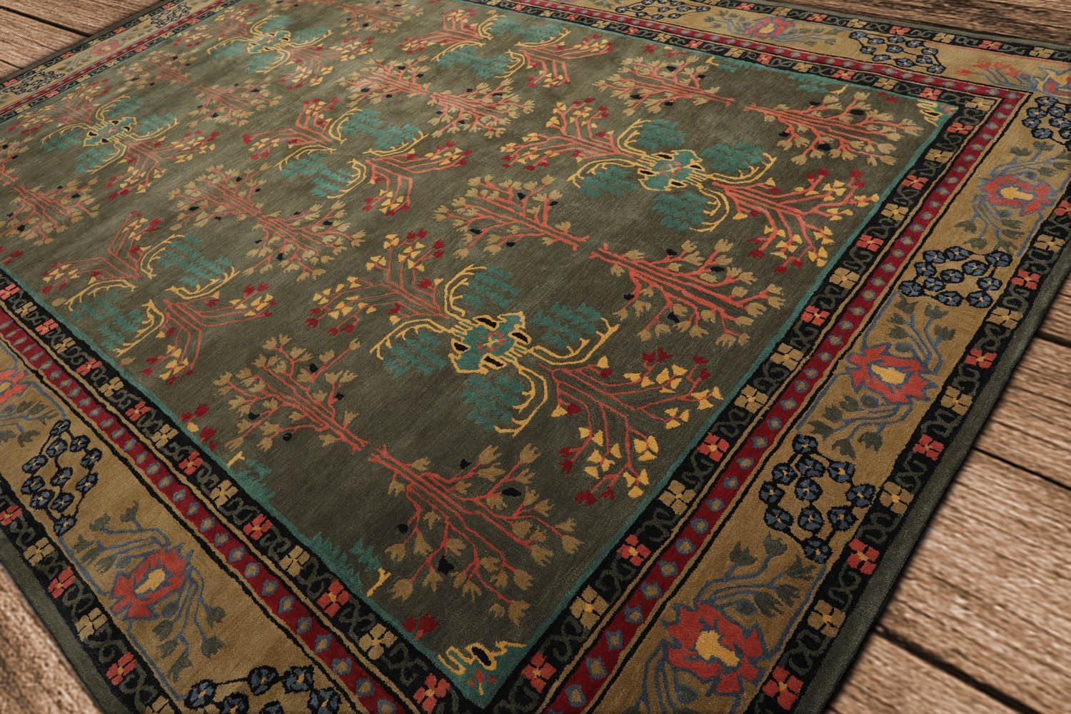 9x12 Hand Tufted Hand Made 100% Wool Donegal Branches Arts & Crafts Oriental Area Rug Gray with Green Undertone,Moss Color - Image 3