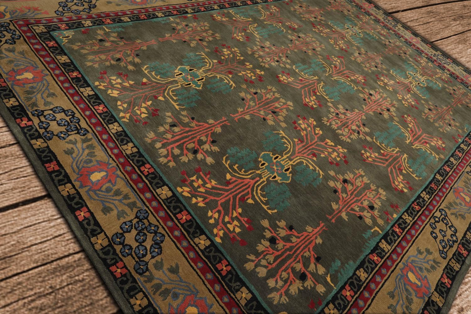 9x12 Hand Tufted Hand Made 100% Wool Donegal Branches Arts & Crafts Oriental Area Rug Gray with Green Undertone,Moss Color - Image 4
