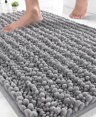 Yimobra Bathroom Rugs Non-Slip Washable – Extra Soft & Absorbent Chenille Bath Mat, Quick-Dry Plush Shaggy Floor & Vanity Bath Rugs for Tub & Shower, Modern Home Decor Accessories, 24 x 17, Grey