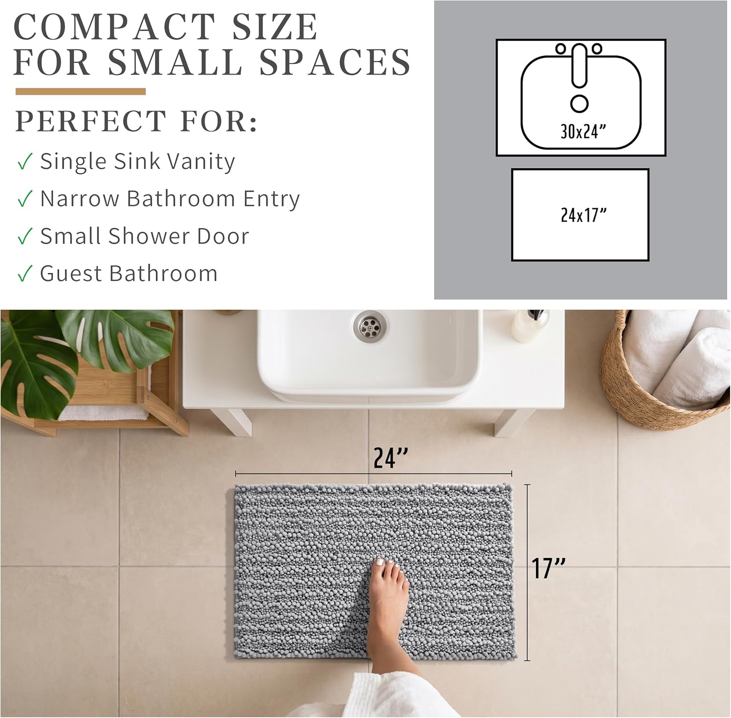Yimobra Bathroom Rugs Non-Slip Washable – Extra Soft & Absorbent Chenille Bath Mat, Quick-Dry Plush Shaggy Floor & Vanity Bath Rugs for Tub & Shower, Modern Home Decor Accessories, 24 x 17, Grey - Image 2