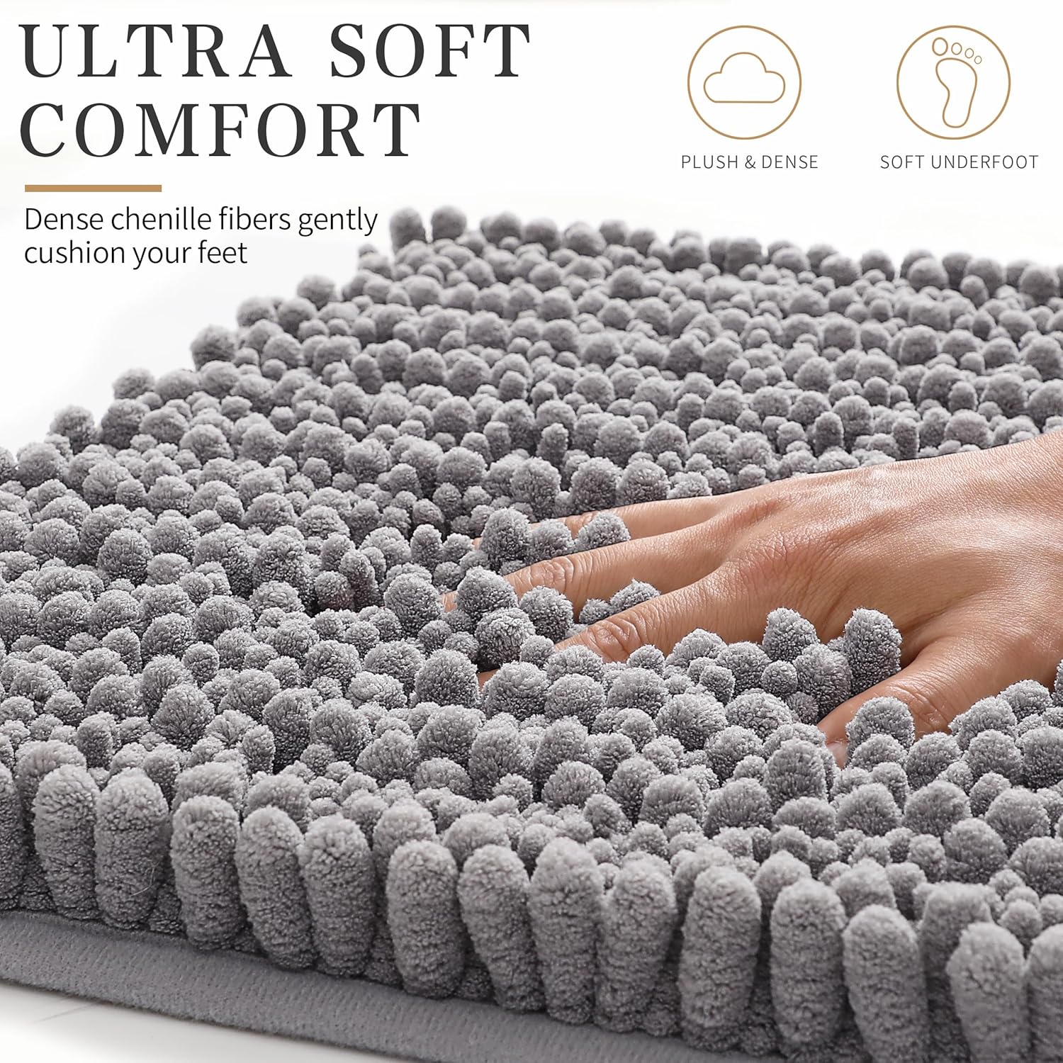 Yimobra Bathroom Rugs Non-Slip Washable – Extra Soft & Absorbent Chenille Bath Mat, Quick-Dry Plush Shaggy Floor & Vanity Bath Rugs for Tub & Shower, Modern Home Decor Accessories, 24 x 17, Grey - Image 3