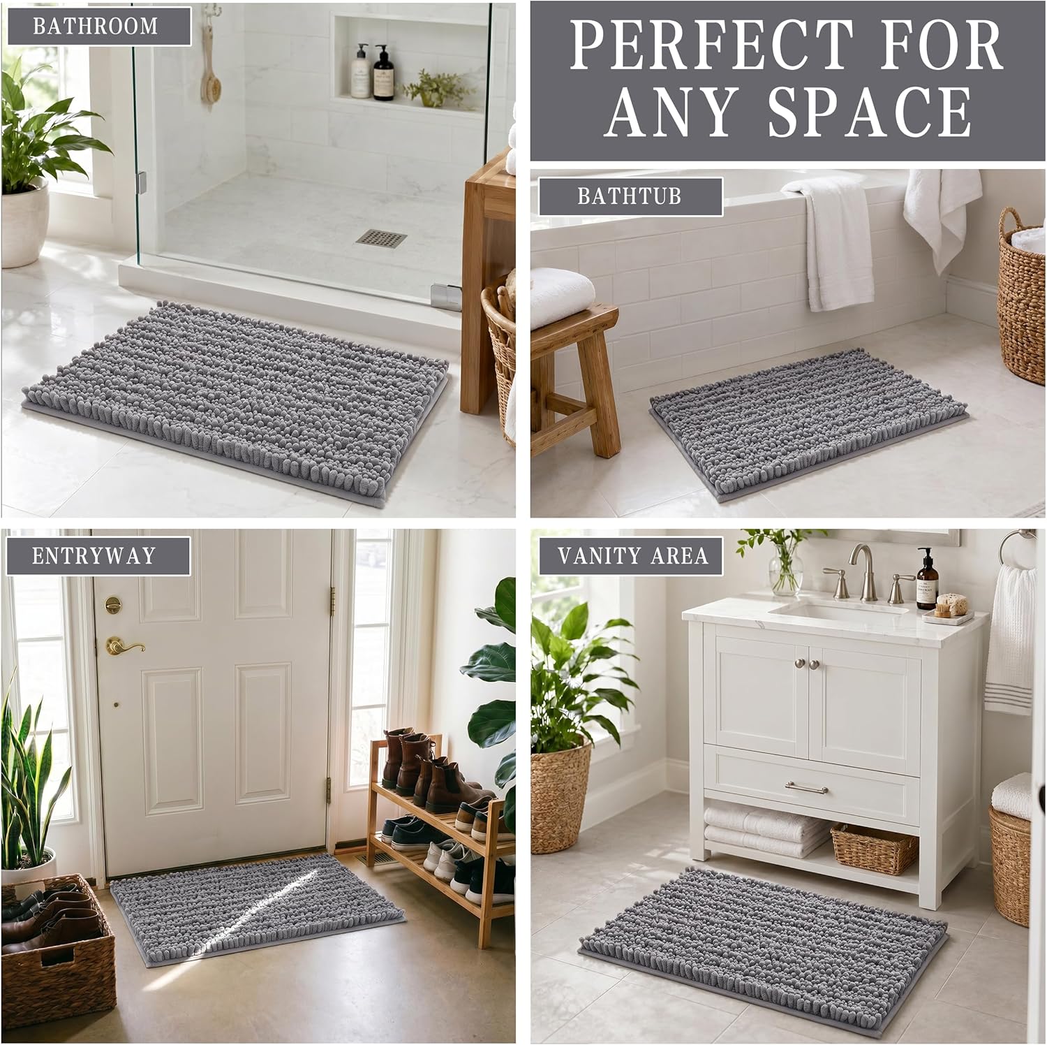 Yimobra Bathroom Rugs Non-Slip Washable – Extra Soft & Absorbent Chenille Bath Mat, Quick-Dry Plush Shaggy Floor & Vanity Bath Rugs for Tub & Shower, Modern Home Decor Accessories, 24 x 17, Grey - Image 6